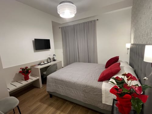 Camera moderna della Maritza Guest House Roma con letto matrimoniale, fiori rossi, tende con vista città, TV e illuminazione ambientale