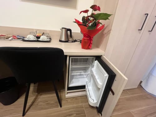 Maritza Guest House Roma: camera con frigobar, bollitore, fiori rossi, scrivania con sedia