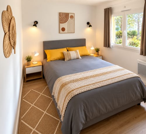 Chambre moderne de la villa ALMA ROSSA à Lecci avec lit gris, coussins jaunes, tête de lit en bois et vue sur le jardin