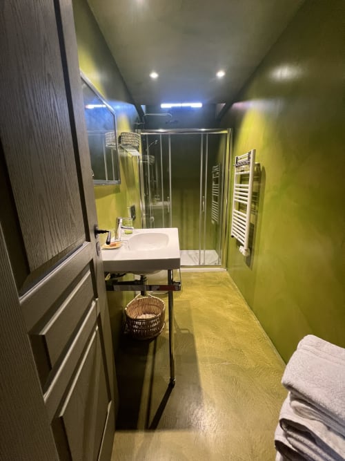Bagno moderno al Clos Bb di Saint-Cyr sur Mer con pareti verde lime, box doccia, lavandino e scaldasalviette