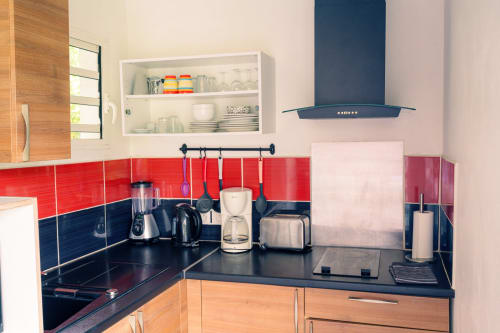Cuisine de cottage moderne avec carrelage rétro rouge et bleu, plan de travail noir, armoires en bois et appareils en acier inoxydable