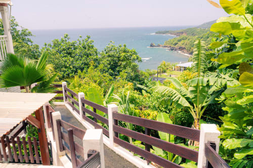 Vue tropicale depuis le balcon du gîte Le Nid De Bellemont surplombant la côte de Trois-Rivières et sa luxuriante végétation