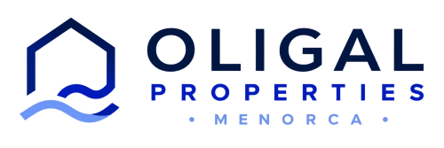 Logotipo de Oligal Properties con iconos de casa y ola para gestión de propiedades en Menorca