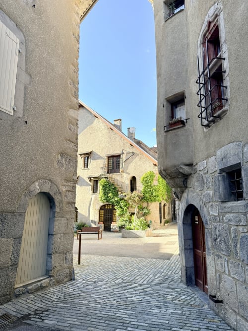 Cour de pierre pittoresque de l'Hôtel le Tilleul à Corps, France, avec bâtiment grimpant de lierre et portes en bois traditionnel