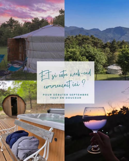 Destination Ailleurs glamping retreats in Castellane featuring yurts, mountain views, hot tubs, and sunset experiences for