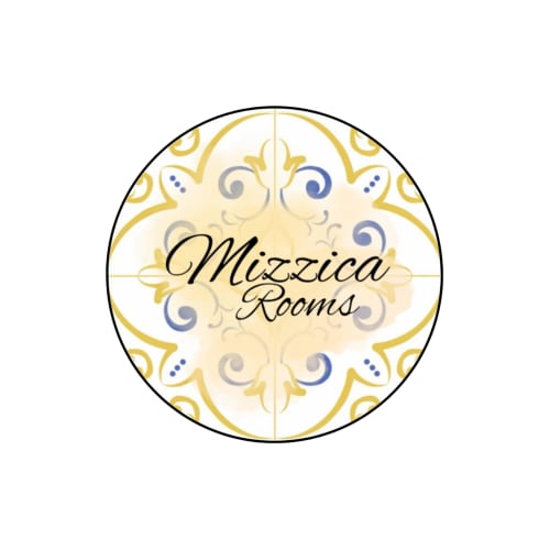 Logo Mizzica Rooms con elegante damasco oro e blu, bed and breakfast a Palermo