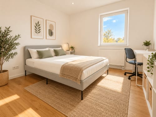 Chambre moderne de la villa Mattbnb à Metz avec lit gris, bureau, grande fenêtre, parquet et plantes