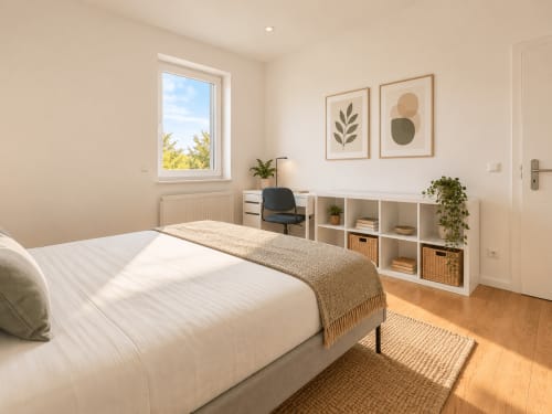 Chambre moderne et lumineuse chez Mattbnb Metz avec lit blanc, espace de travail, rangements et vue sur la ville