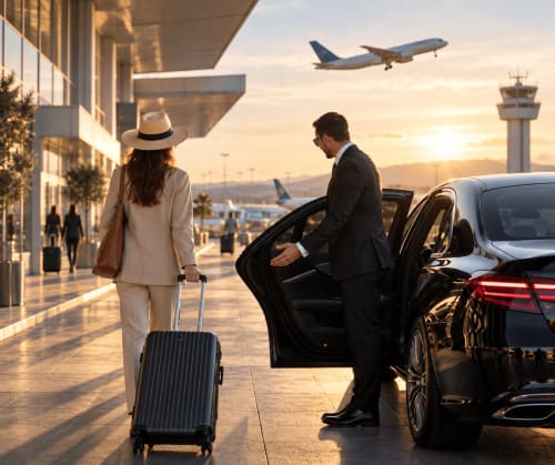 Uomo d'affari che apre la portiera dell'auto a una donna con bagagli al terminal dell'aeroporto, aerei e torre di controllo visibili