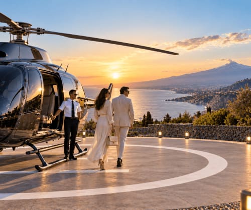 Coppia che sale a bordo di un elicottero all'eliporto del tramonto dell'Aurora View Resort con vista sulla costa di Mascali e l'Etna