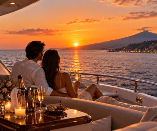 Coppia che gusta il tramonto sulla terrazza dello yacht con champagne, vista sulle montagne vicino a Mascali, Sicilia