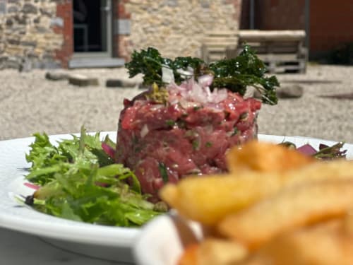 Steak tartare dish with fresh greens and crispy fries at B&B Sens'UP near Pairi Daiza, Brugelette