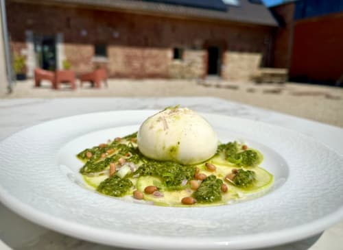 Burrata cheese with pesto, pine nuts, and edible flowers on white plate at B&B Sens'UP in Brugelette, Belgium