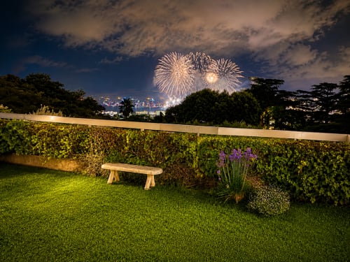 Jardin de Cannes la nuit avec feux d'artifice illuminant la skyline, banc en bois, haies et fleurs violettes