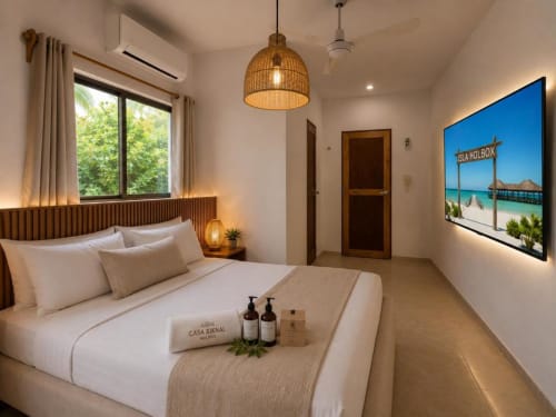 Suite moderna del Hotel Holbox Centro en Holbox, México, con cama de sábanas blancas y luminaria tejida