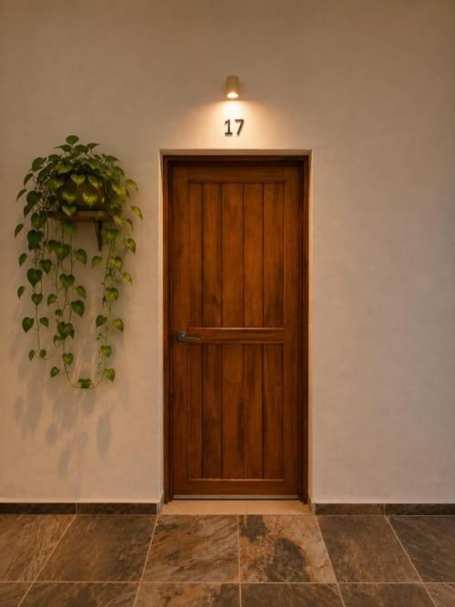 Entrada del Hotel Holbox Centro, puerta 17 con marco de madera, iluminada por luz cálida y decorada con hiedra en cascada.