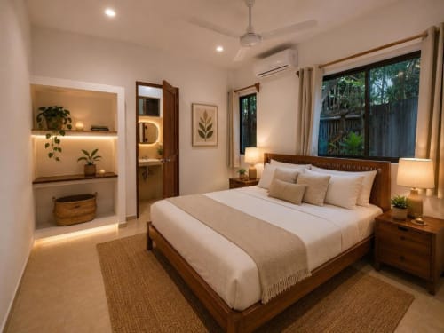 Habitación moderna en Hotel Holbox Centro con cama de madera, sábanas blancas, iluminación acentuada y vistas a la terraza en Holbox, México