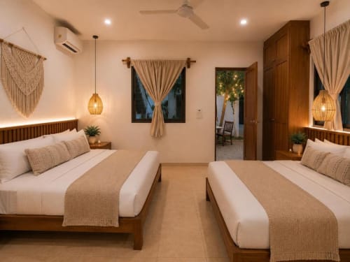 Suite moderna del Hotel Holbox Centro con dos camas queen-size, cabeceras de madera, iluminación colgante y decoración beige