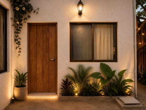 Entrada de suite Hotel Holbox Centro con puerta de madera, plantas iluminadas y ventana de terraza al atardecer en Holbox, México