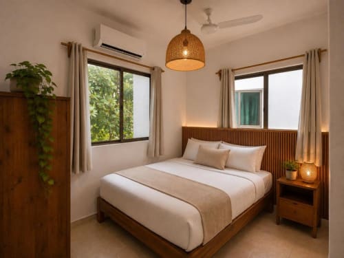Suite habitación del Hotel Holbox Centro con cama de madera, lámpara colgante tejida y vistas al jardín verde en Holbox, México