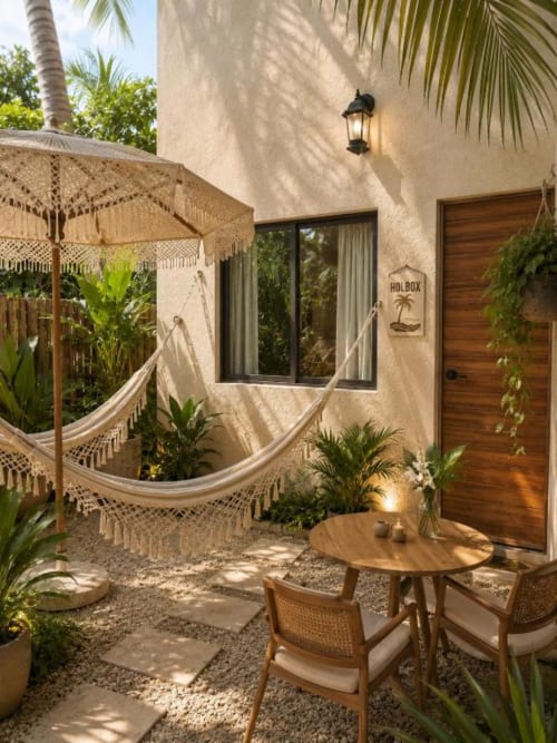 Patio tropical del Hotel Holbox Centro con hamacas, mesa de madera, sillas y exuberante vegetación en Holbox, México