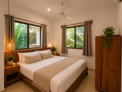 Habitación moderna en Hotel Holbox Centro con cama queen, vistas tropicales, amplios ventanales, muebles de madera y ventilador de techo