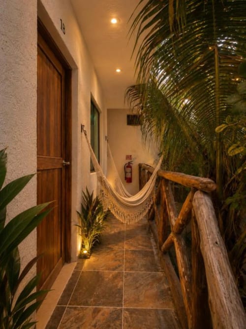 Pasillo tropical con hamaca y plantas de palma en Hotel Holbox Centro, Holbox México