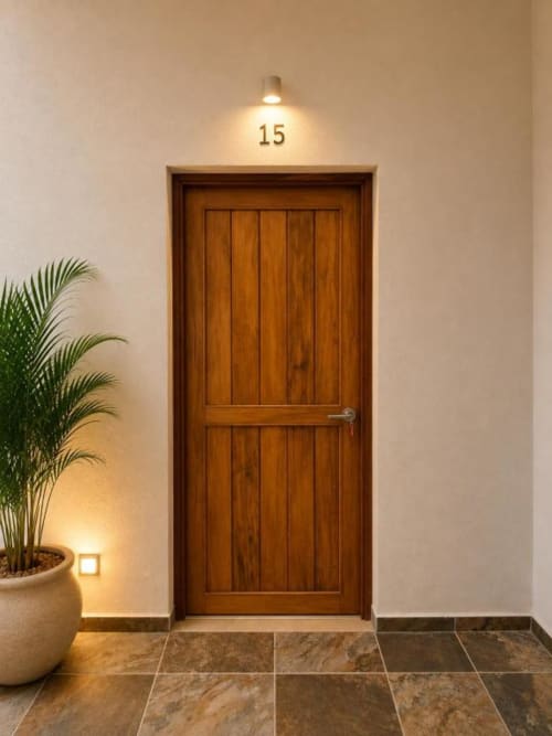Entrada de la Suite 15 del Hotel Holbox Centro con puerta de madera, iluminación cálida y planta de palma en maceta en Holbox, México