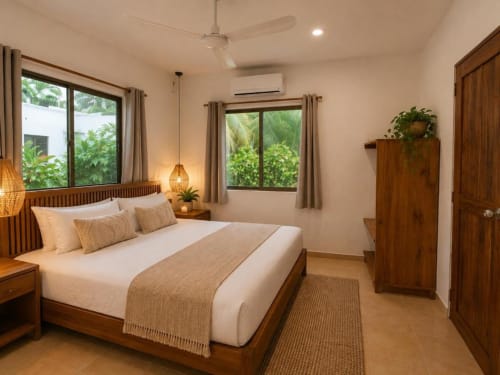 Suite moderna del Hotel Holbox Centro con cama de madera, sábanas blancas, iluminación colgante, ventanas con vistas verdes y
