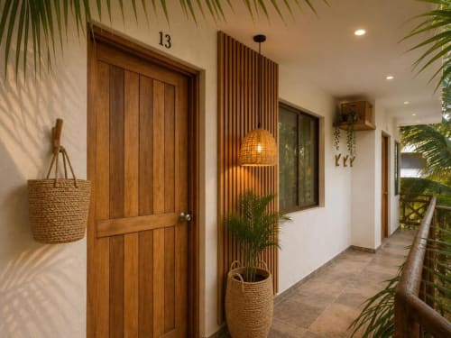 Pasillo de la Suite 13 en Hotel Holbox Centro con puerta de madera, cestas tejidas, iluminación colgante y plantas tropicales