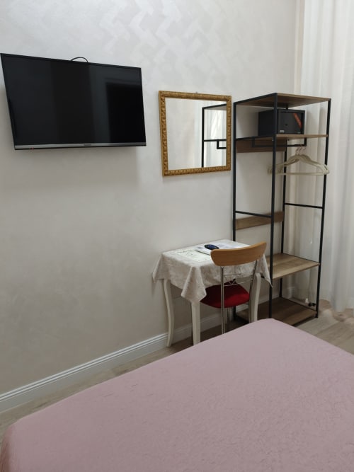 Camera singola economy dell'Hotel Principe Amedeo con TV a parete, scrivania, sedia, scaffale, specchio e biancheria da letto rosa