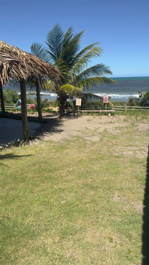 Quintal frente ao mar com palmeiras, estruturas cobertas de palha e vista para o oceano na Caraiva Cadu House em Porto Seguro