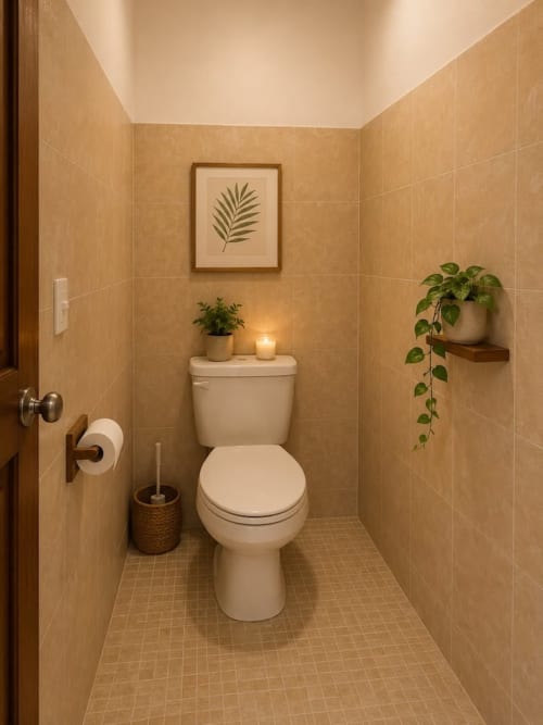 Baño elegantemente diseñado en Suite 02 del Hotel Holbox Centro con paredes de azulejos beige, inodoro blanco, plantas en macetas y marco decorativo