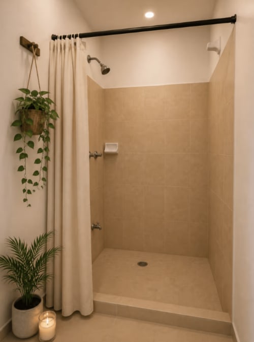 Moderno baño con ducha abierta, azulejos beige, ducha de cascada, cortina crema y plantas decorativas en Hotel Holbox Centro