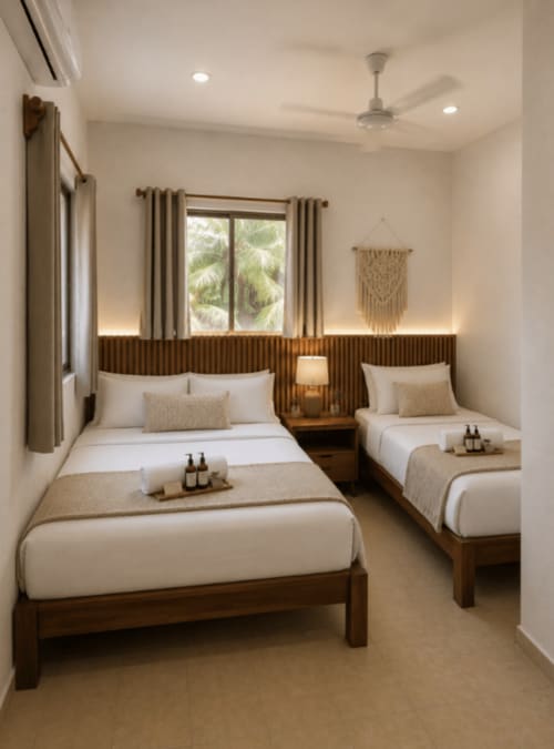 Habitación Suite 10 Hotel Holbox Centro: dormitorio con camas gemelas de marcos de madera, ropa de cama blanca, cortinas beige y decoración de macramé en la pared.