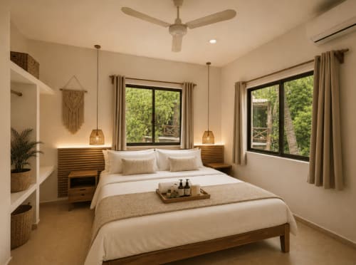 Habitación moderna en Hotel Holbox Centro con cama de madera, luminarias colgantes y amplios ventanales con vistas a la vegetación en Holbox