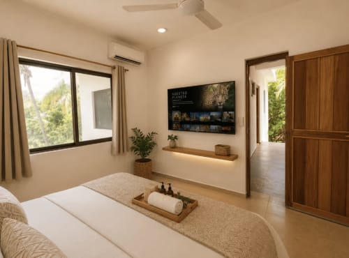 Habitación moderna del Hotel Holbox Centro con cama de sábanas blancas, TV inteligente, muebles de madera y plantas tropicales con jardín
