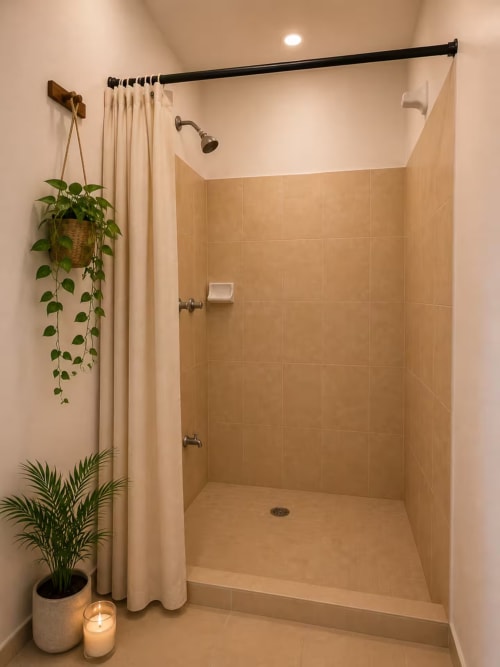 Ducha moderna a ras de suelo con azulejos beige, alcachofa de lluvia, cortina crema y plantas colgantes en Hotel Holbox Centro, Holbox