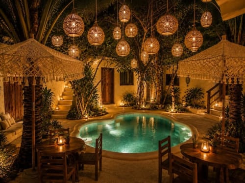 Patio nocturno del Hotel Holbox Centro Suite 13 con piscina iluminada, linternas marroquíes colgantes y plantas tropicales