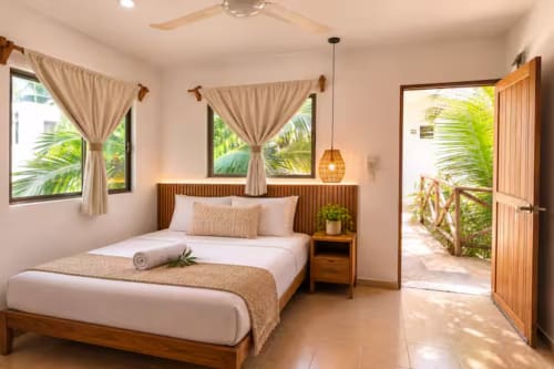 Habitación tropical luminosa en Hotel Holbox Centro con cama de madera, cortinas beige y vistas a palmeras a través de puertas abiertas