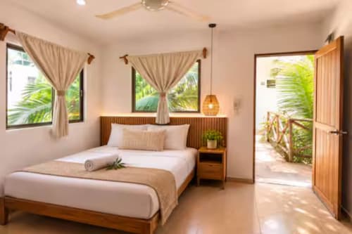 Suite luminosa en Hotel Holbox Centro con cama de madera, cortinas beige, lámpara colgante y puerta con vista al océano en Holbox, México
