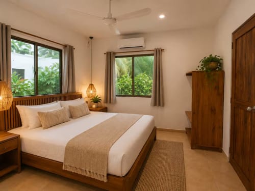 Suite frente al mar en Holbox con muebles de madera, ropa blanca y vistas tropicales a través de grandes ventanales