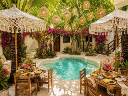 Exuberante patio tropical del Hotel Holbox Centro con piscina turquesa, mesas para comer, lámparas colgantes y magenta