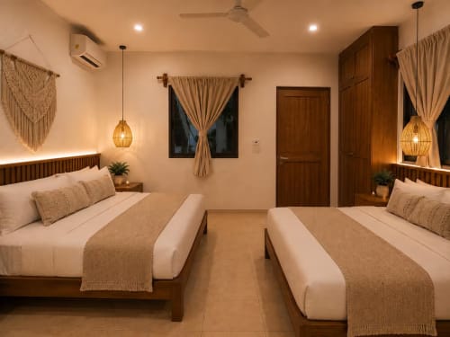 Moderna habitación doble en Hotel Holbox Centro con camas de madera, iluminación colgante y decoración beige en Holbox, México