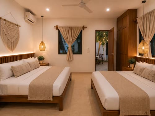 Suite moderna del Hotel Holbox Centro con dos camas, muebles de madera, lámparas colgantes tejidas y decoración tropical