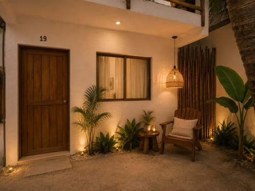 Suite 19 del Hotel Holbox Centro cuenta con patio frente al mar, lámpara colgante tejida, puerta de madera, plantas tropicales y ambiente acogedor