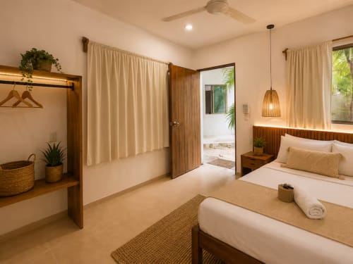 Suite Moderna 20 en Hotel Holbox Centro en Holbox con dos camas, acentos de madera y decoración minimalista con iluminación cálida