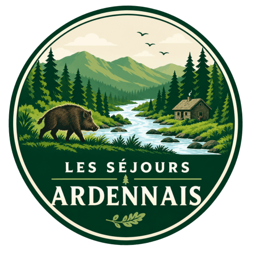 Logo Les séjours Ardennais : paysage forestier avec sanglier, rivière, montagnes et chalet des Ardennes