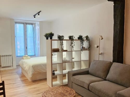 Estudio moderno en el Hotel Izarbe de Burgos con planta abierta, estantería divisoria entre dormitorio y sala, sofá gris, y