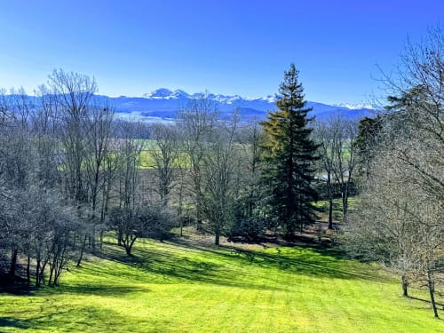 Panoramablick vom Domaine de Bize in Mirepoix, Ariège, mit schneebedeckten Gipfeln über grünen Wiesen